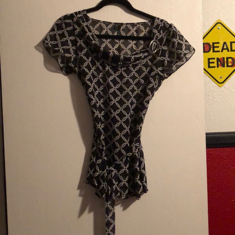 Black Short Sleeve Sheer Belted Blouse